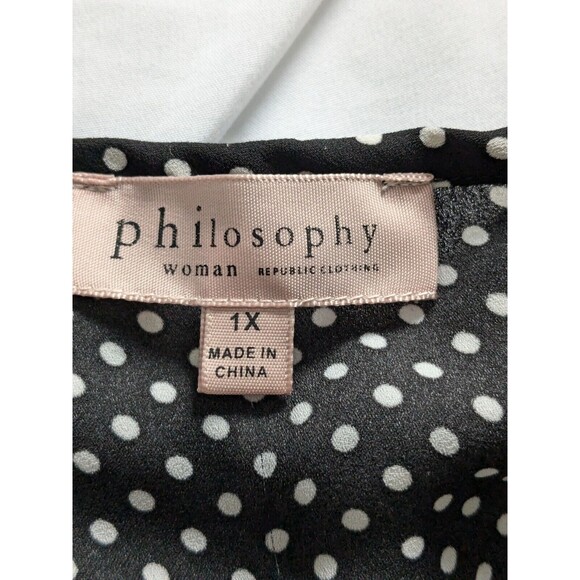 Philosophy Top Womens Sz 1X Black Polka dot Chiffon Lace Cap Slv Cocktail Blouse - Picture 2 of 10